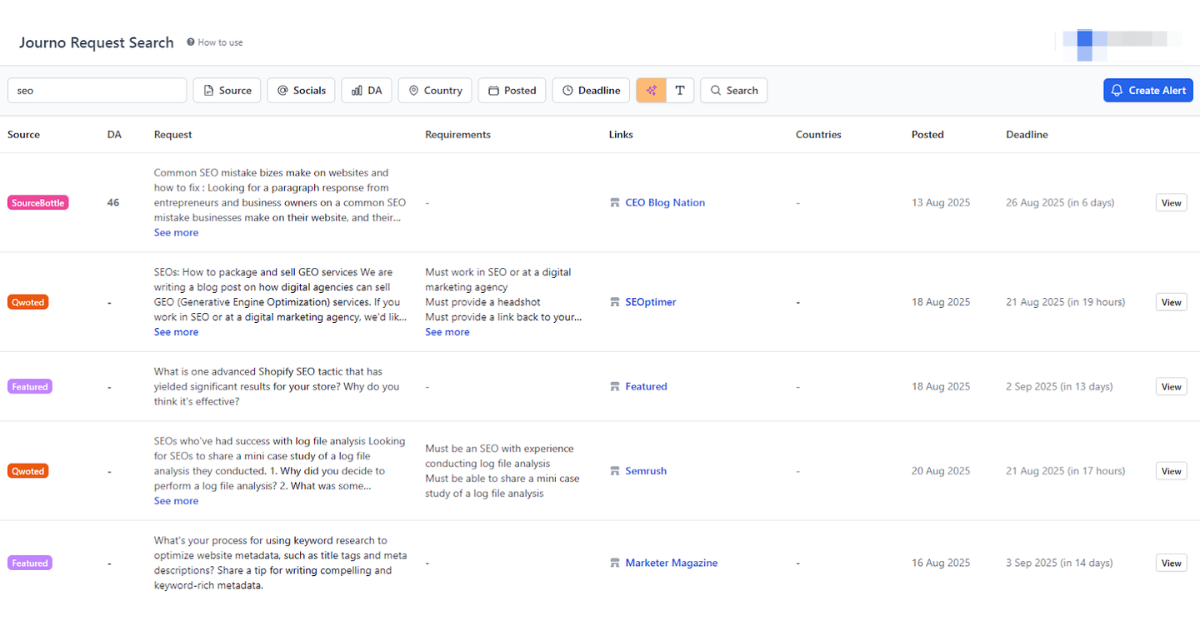 Journofinder interface