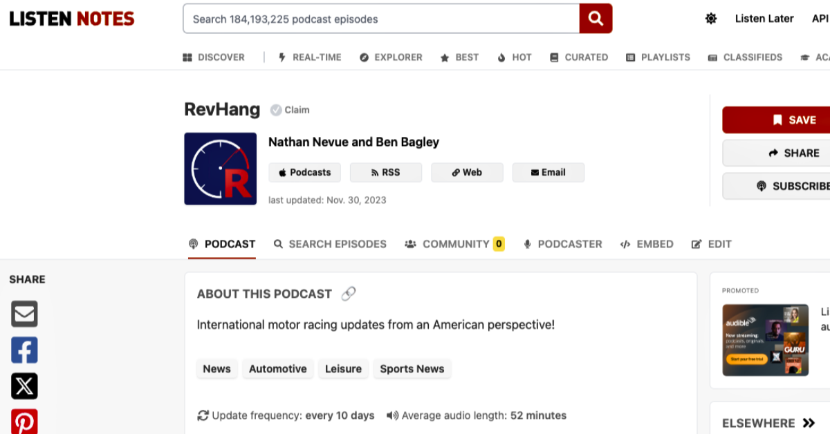 Listen Notes podcast profile page displaying show description, category tags, update frequency, and episode length
