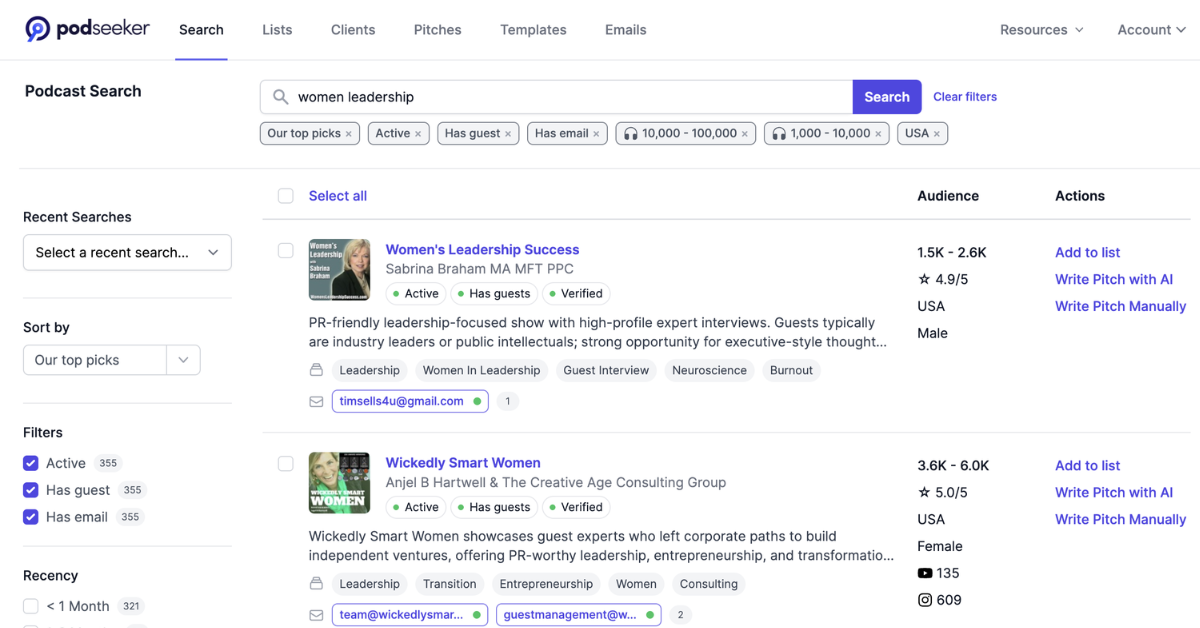 PodSeeker search results displaying podcasts filtered by audience size, location, contact email, and pitch actions