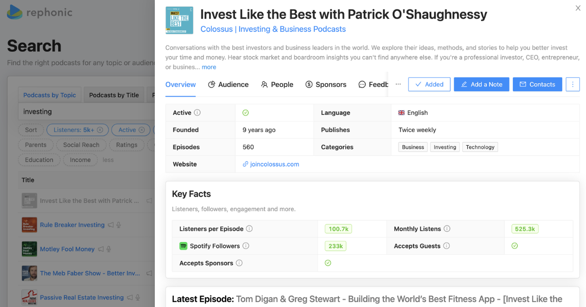 Rephonic podcast detail panel displaying listener counts, Spotify followers, categories, and guest and sponsor data