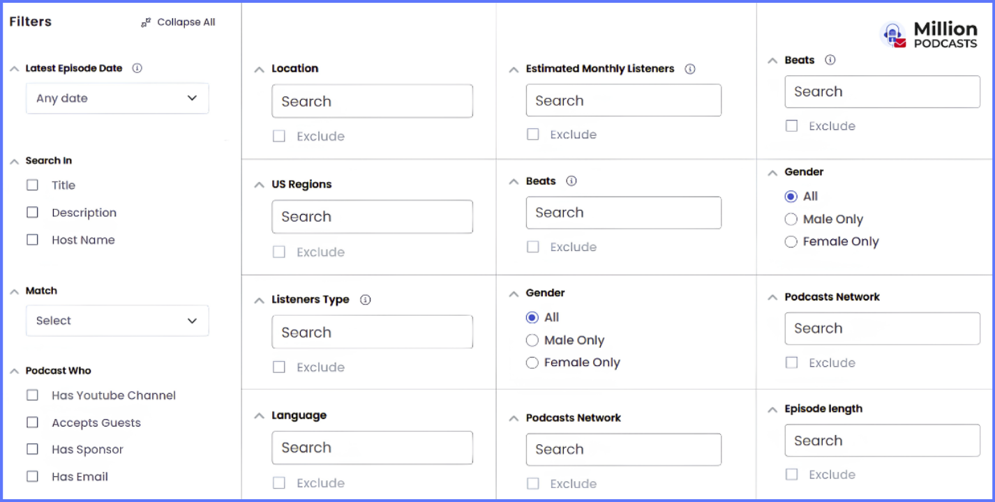 millionpodcasts database filters