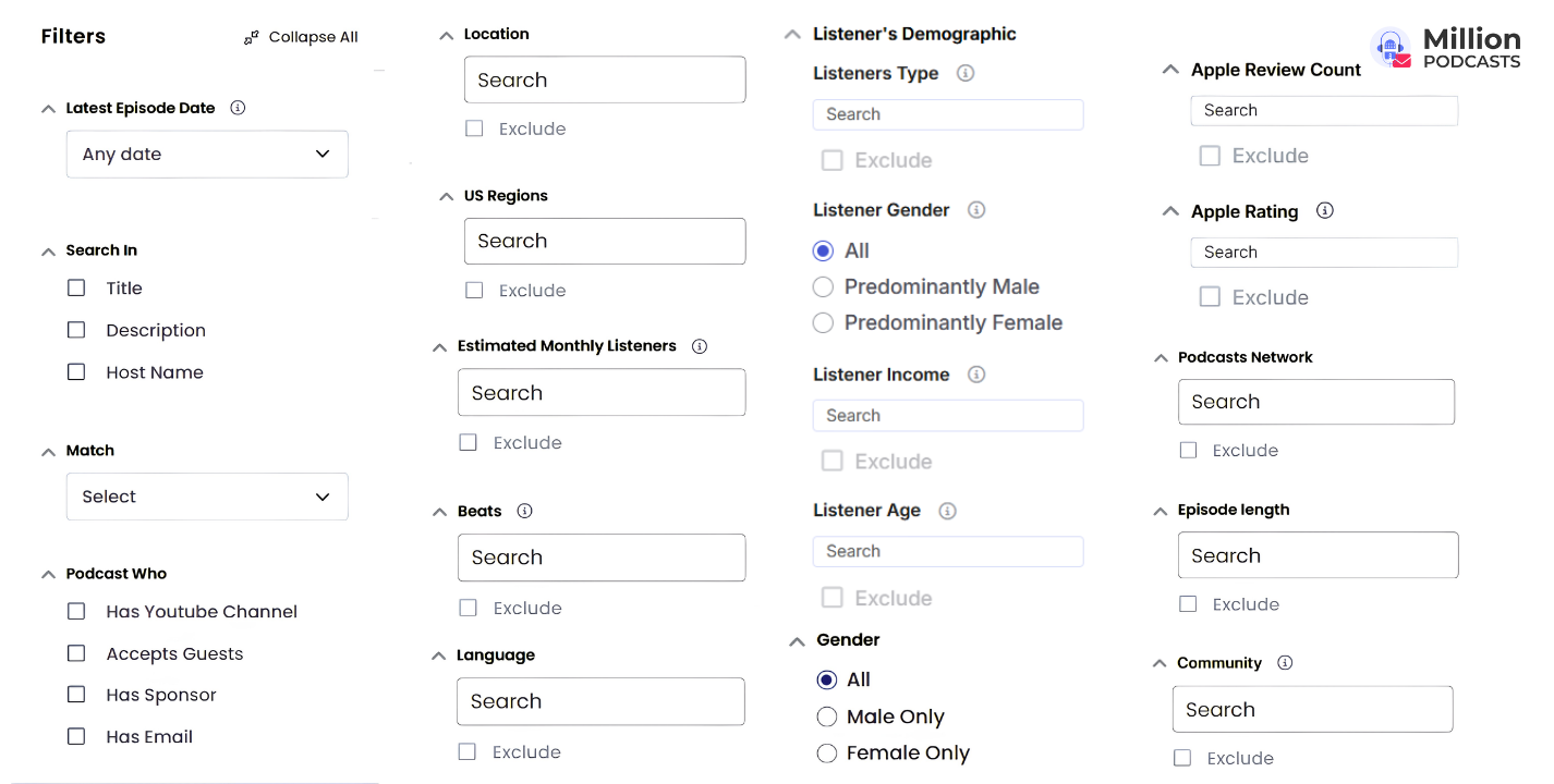 millionpodcasts database filters